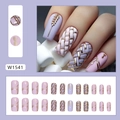 Detail view of purple and pink press-on nails with golden textures and 24-piece set W1541 - Plaid Wheat Ear Style (W1541)