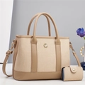 Canvas and leather patchwork tote bag set in beige with matching small pouch - Apricot