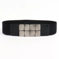 Black wide elastic waist belt with textured faux leather and silver metal buckle - 19419 Black
