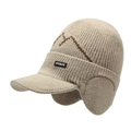 Winter fleece-lined knit earflap hat in oatmeal color with mountain pattern and NY&JA patch - Khaki