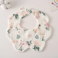 Floral baby gauze cotton bib with pink flowers and strawberry print and petal edges - Gauze Flower Scarf - White Background With Cute Bunny Design