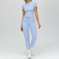 Light blue yoga set featuring a short sleeve zipper top and V-shaped waist leggings - M / Top And Bottom / Blue