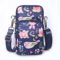 Mini floral crossbody phone bag with double zippers and adjustable blue shoulder strap - Birds and Flowers
