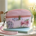 Pink floral fabric coin purse with a small bow detail and matching wrist strap - Pink Bouquet Coin Purse