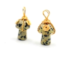 Pendentifs champignon artisanaux en pierre naturelle tachetée et fil doré torsadé - Jaspe Dalmatien Ton Or