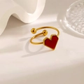 Elegant 18K gold stainless steel open ring with a red heart shell inlay and beaded edges - Red Shell Heart Style (XKR0192) / Gold