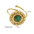 Vintage 14K gold-plated stainless steel open ring with a round green gemstone - R7-African Jade
