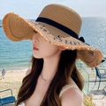 Women's light brown straw sun hat with black bow and Sun embroidery for beach vacations - Large Brim Embroidery Khaki