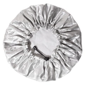 Close-up of silver-grey satin shower cap with adjustable black drawstring and PEVA lining - Gray