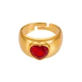 Detail view of gold stainless steel ring with 1.1cm heart-shaped red zircon inlay - Gold Heart Red Zircon (A262)