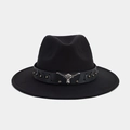 Détail d'un chapeau western avec ruban en cuir noir et emblème de tête de taureau - M (56-58cm) / Style 14-Bande de Rivet de Tête de Boeuf Longhorn (AL-BNM9)