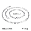 Set de cadena de acero plateado con collar de 500mm y pulsera de 220mm, ancho 7mm - Pulsera / Plateado