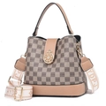 Elegante borsa a secchiello beige con monogramma HYD e tracolla larga in tessuto - Scacchi Gialli