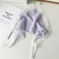 Pastoral style purple lace head scarf with white floral trim and pom-poms fringe - Light Purple