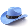 Sky blue suede western cowboy hat with vintage silver bull head buckle and star rivets - M (56-58cm) / Deep Sky Blue