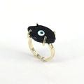 Handmade gold plated copper evil eye open ring with black inlay in bohemian style - Adjustable Open / Black