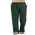 Detail view of men's casual linen trousers in forest green with drawstring waist - L / Dark Green