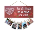 Rote Holz-Fotowand für die beste Mama mit Herzmuster und kleinen Holzklammern - Deutsche Mutter Stil (DZH3515) / 1 Stück/Packung (Verpackt)