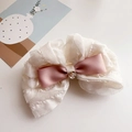 Detail of beige chiffon ruffle hair accessory with pink satin bow and heart rhinestone - Beige Clip Bow with Rhinestone