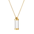 Macro detail of a gold refillable cylinder perfume pendant necklace with scrollwork design - SSN-00303 / Gold