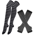 Halloween black and gray striped thigh-high socks and matching arm warmer set - One Size / Grey Black Striped