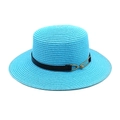 Detail of bright blue boater straw hat with black leather band and gold buckle - M (56-58cm) / Lake Blue