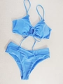 Sky blue halter bikini set with drawstring details and high waisted bottoms on tile floor - S / Sky Blue