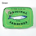 Macro shot of green sardine tin pouch featuring detailed embroidery and silver ring pull - Green
