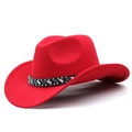 Detail of red wool felt western cowboy hat with ethnic beaded belt and curved brim - Red