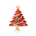 Detailed view of red enamel Christmas tree brooch with colorful rhinestones and gold bow - HC0081 Red Christmas Tree