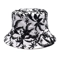 Close-up of cotton sun hat featuring black palm tree prints and reinforced brim stitching - M(56-58cm) / White