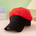 Funny novelty baseball cap featuring a black brim and vibrant red faux hair wig top - Black+Red Hair