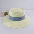 Detail of beige straw hat with silver sequins, light blue ribbon and a metal T buckle - M (56-58cm) Adjustable / Creamy White