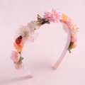 Macro detail of floral headband with pink and orange flowers and red ladybug accessory - Style C-Pink Orange Ladybug