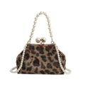 Faux fur leopard print handbag featuring a pearl handle and crossbody strap with gold clasp - Leopard Brown
