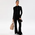 Women's 2-piece black slim fit yoga set with zip jacket and white striped flare pants - S / Black (Yoga Jacket + Flare Pants)