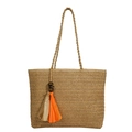 Brown straw tote bag with colorful tassels and wood beads for beach vacations - Standard Type / Khaki