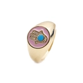 Golden Hamsa hand ring with pink enamel and blue gemstone inlay on white background - Adjustable Open / Pink