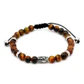 Adjustable Tiger Eye beaded bracelet for men with vintage carved metal tube and black cord - Yellow Tiger Eye Style (B065)