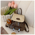 Retro patchwork faux leather backpack in chocolate and beige with a cute bear charm - White & Coffee