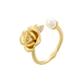 Dettaglio di un anello aperto con un fiore di cristallo e una perla bianca tonda - VJ673 Oro