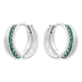Close-up of silver hoop earrings featuring a single row of pave-set green crystals - Platinum Green Zirconia