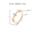 Golden brass open ring with four flower-shaped AAA+ zircons and product specifications - Pink Opal (R1125)