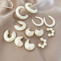 Detail view of pearl acrylic earrings and hoops set on beige silk backdrop - S925 Pin - White (Set of 12)