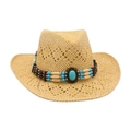 Chapeau de plage beige tissé main avec pierre turquoise et bande perlée ethnique - Taille unique / Beige (Perles bleues à rayures de riz)
