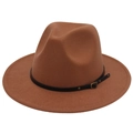 British style caramel wool fedora hat with wide brim and black leather belt buckle strap - Khaki (Small Black Leather Belt)