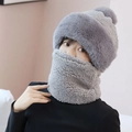 Winter integrated hat and neck warmer in grey fleece with soft plush lamb wool texture - Korean Integrated / Gray