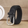 Black elastic woven belt with leather detail and silver buckle on wood surface - Silver Buckle Black