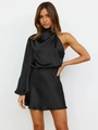 Detail of elegant black satin one-shoulder dress with high neck and lantern sleeve - S / One Shoulder Dress / Black