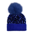 Royal blue knitted winter hat with shiny sequins and a fluffy faux fur pompom top - One Size / Blue